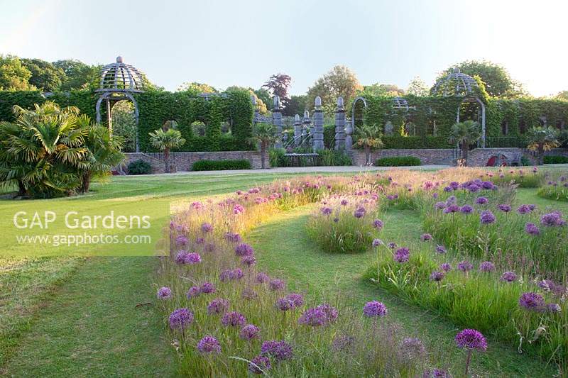 View of labyrinth planted with alliums. Arundel Castle, West Sussex, UK.

