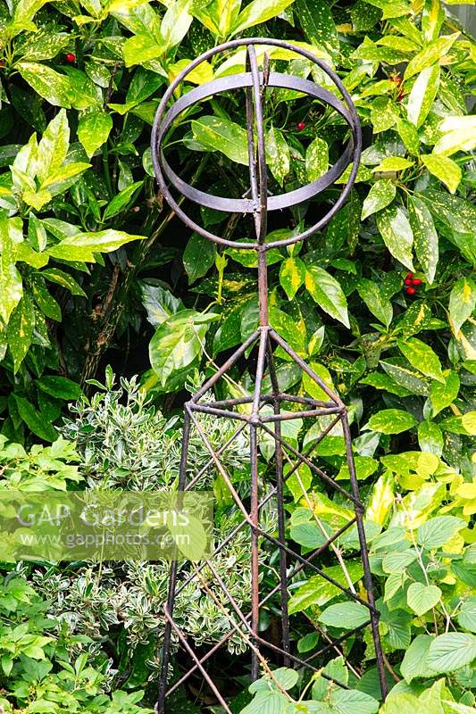 Metalwork sculpture surrounded by foliage, including spotted laurel - Aucuba japonica 'Crotonifolia', variegated euonymous and hazel - Corylus