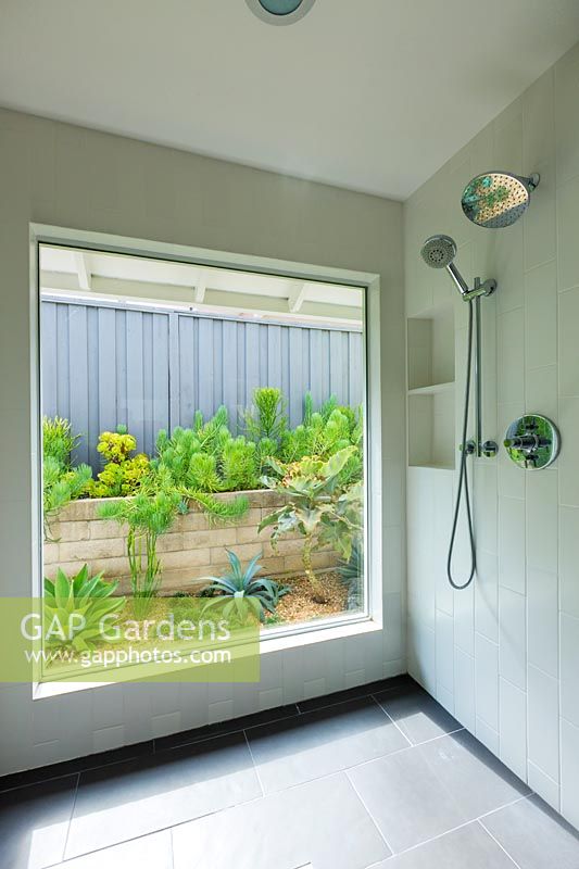 View from the shower room to outdoor retaining wall, planting with succulents. Garden designed by Falling Waters Landscape, inc Ryan Prange, New Port Beach, California, USA.