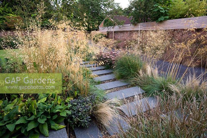 Paved, stepping-stone pathway bordered by ornamental grasses and perennials in contemporary garden. Designed Elks-Smith Garden Design.