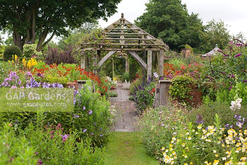 The Sundial Garden at Wollerton Old Hall Garden, Market Drayton, UK.