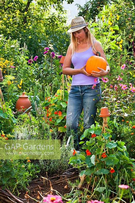 Women with harvested pumpkins in a potager
