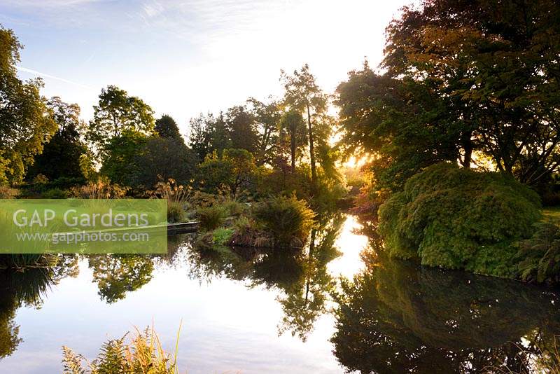 The Lower Pond adjoining the Round Garden is surrounded by trees and shrubs. Llanover Gardens, Monmouthshire, UK.