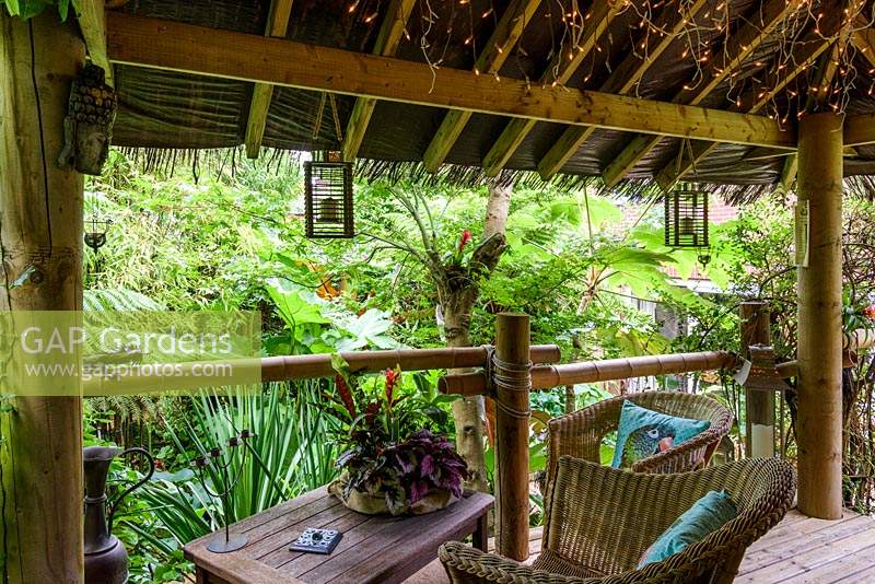 Elevated jungle lodge made of massive bamboo canes, with cane chairs and table with arrangement of begonias 