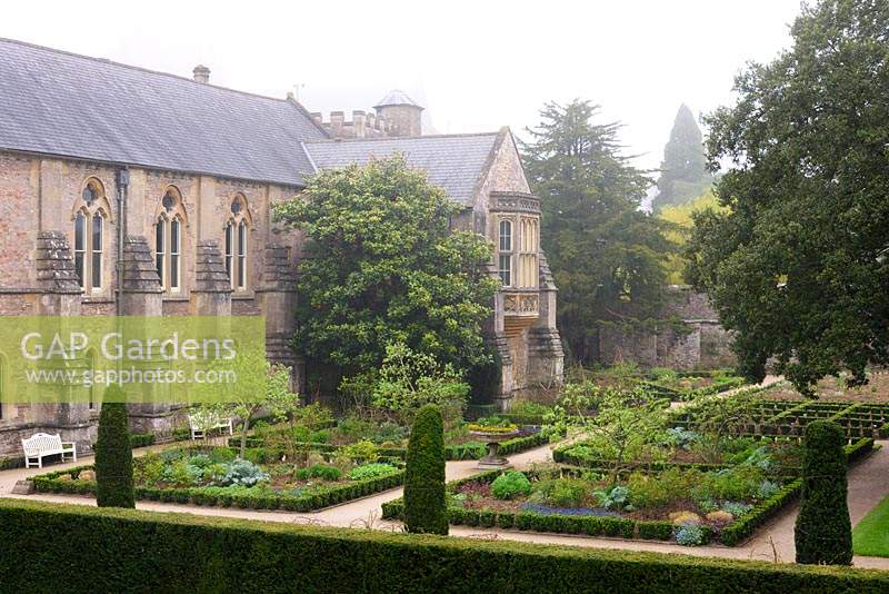 The East Garden laid out with euonymus and yew hedging at the Bishop's Palace Garden, Wells, Somerset, UK