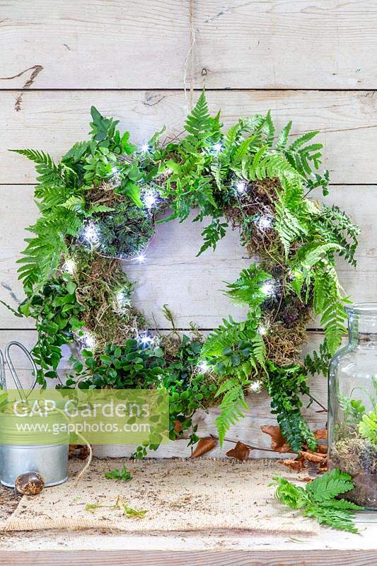Completed moss and fern wreath decorated with LED fairy lights hanging 
against wooden backdrop
