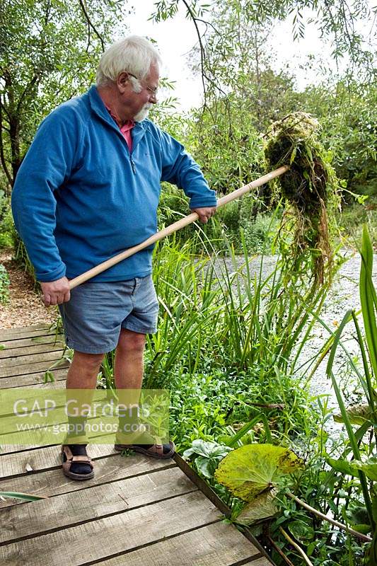 Martin Gould clearing pond weed. 
