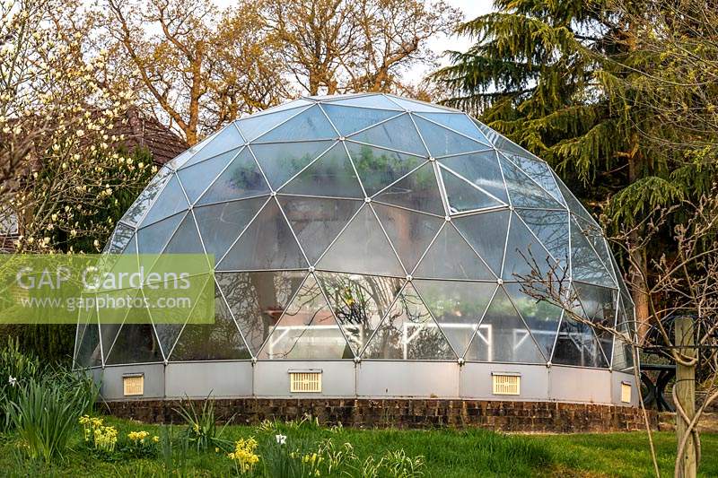 Geodesic greenhouse in garden. 