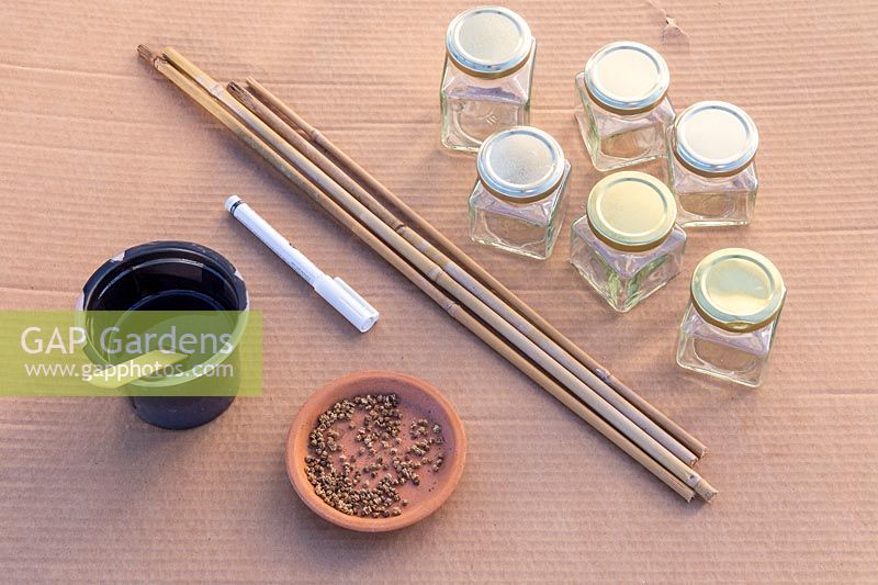Ingredients and tools for creating seed storage jars. 