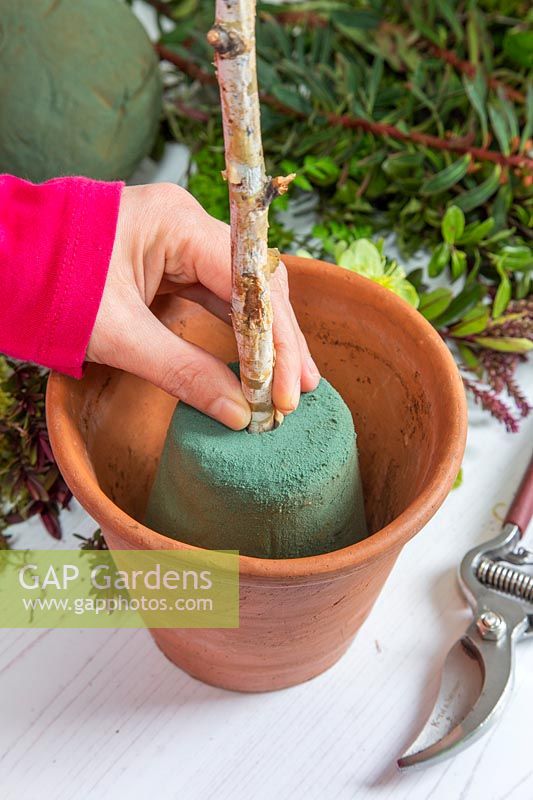 Woman fixing a birch branch in oasis fitted in a terracotta pot