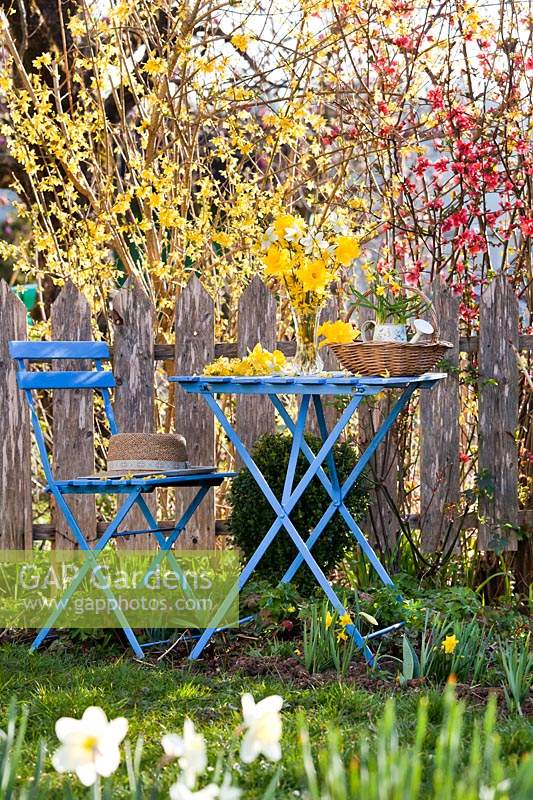 Blue table and chairs decorated with yellow floral arrangements in garden.