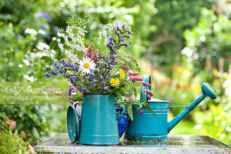 Summer flower arrangement in metal jug and watering can. 
