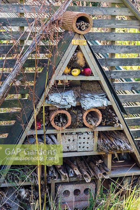 Triangular insect house with dried seedheads and canes, apples, wood, paper and straw