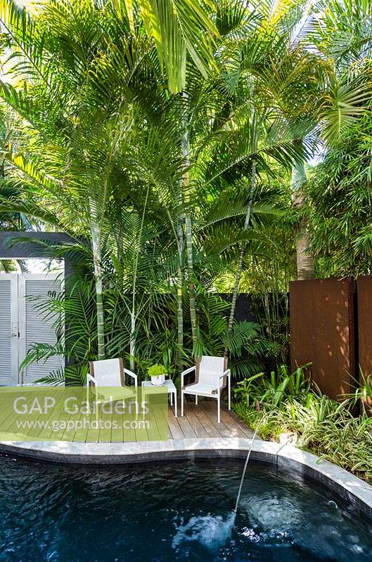Set of garden chairs and table on wooden decking by pool, surrounded by tropical palms. Von Phister Residence, Key West, Florida, USA. Garden design by Craig Reynolds.
