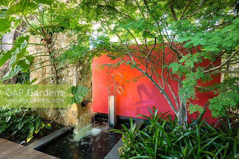 Contemporary water feature in shady tropical garden. Von Phister Residence, Key West, Florida, USA. Garden design by Craig Reynolds.

