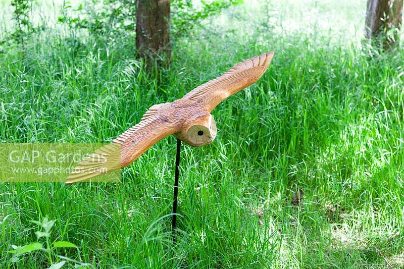 Flying Owl, carved from Castanea sativa - Sweet Chestnut - set in long grass
