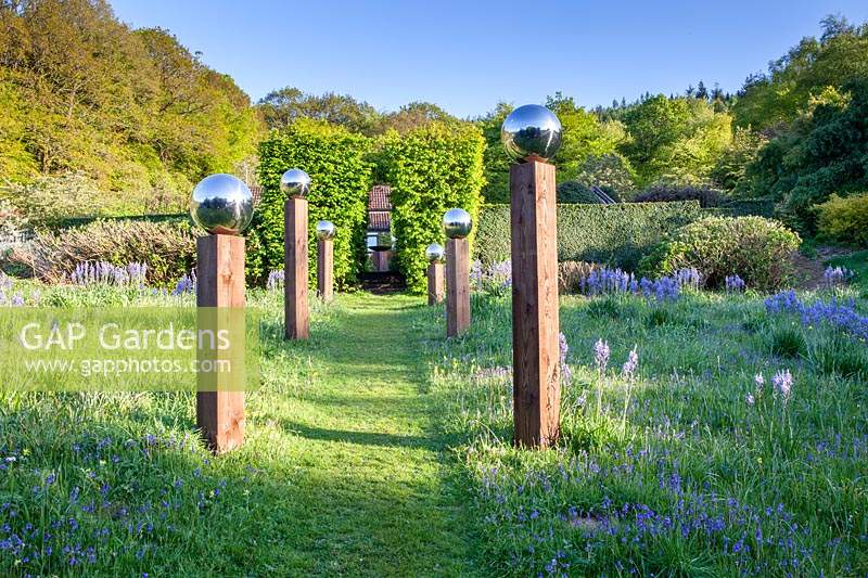 View along grass path with avenue of stainless steel mirror globes mounted on
 wooden posts, meadow with Camassia subsp. leichtlinii on either side
