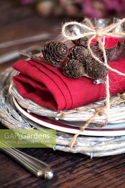 Place setting with wicker mats plus red linen napkin, cones and candle tied up with string