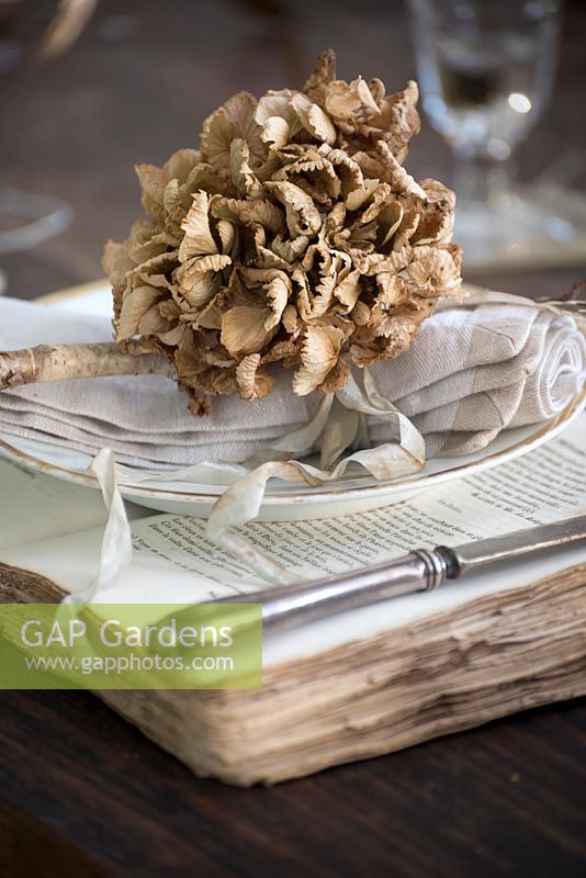 Dried Hydrangea place setting on vintage book charger