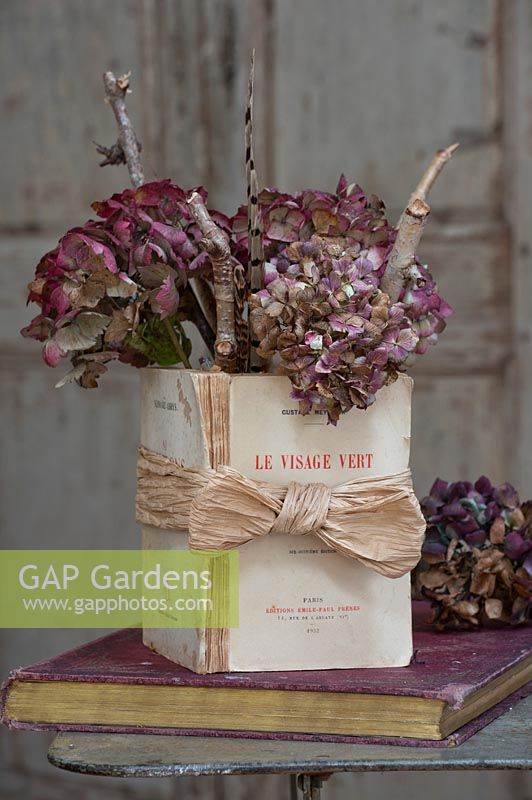Red dried Hydrangea flower heads and twigs in vintage book vase 