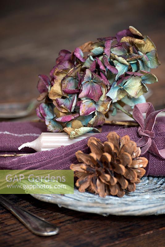 Dried Hydrangea place setting with cone 