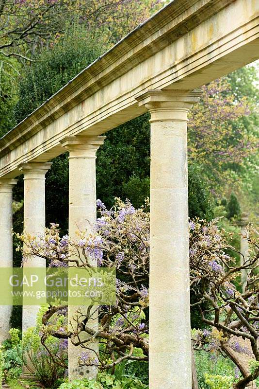 The colonnade on the Great Terrace at Iford Manor, Bradford-on-Avon, Wiltshire, UK. 