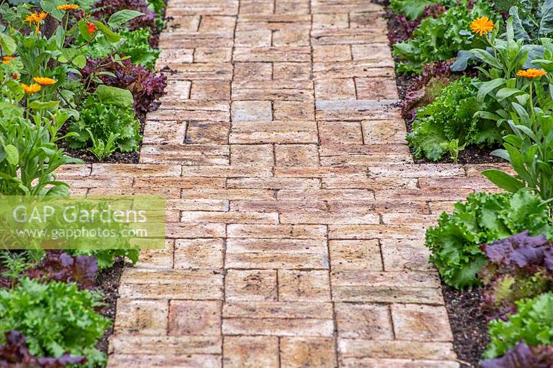 Finished basket weave brick path, edged with vegetables and flowers. 