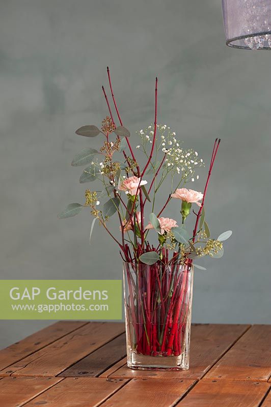 Modern floral arrangement on table, using Cornus stems, Dianthus - Carnations, Eucalyptus and Gypsophila.
