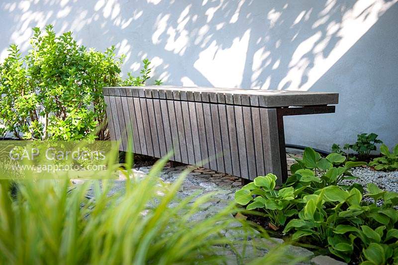 Japanese Garden with modern wooden bench at Koenigliche Gartenakademie, Berlin, Germany. 