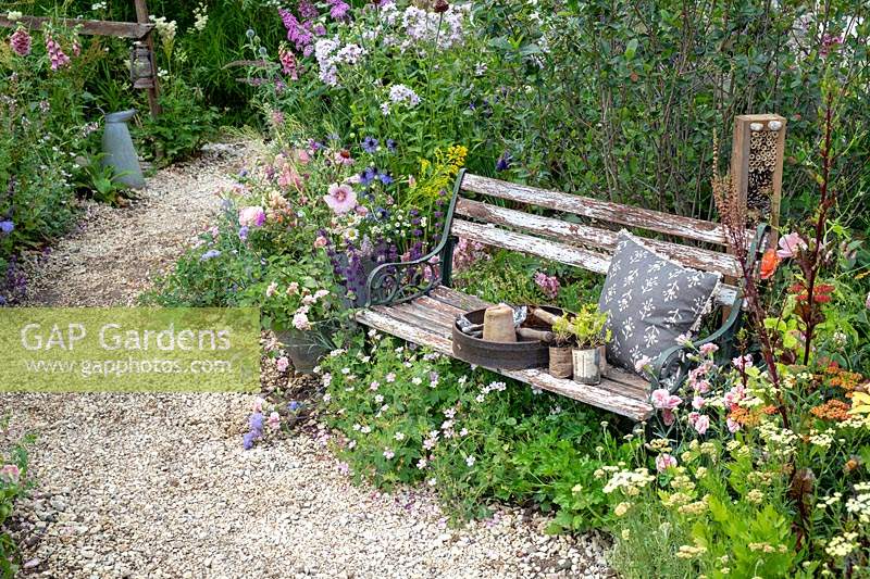 Wooden bench and overgrown flower borders in the BBC Springwatch garden at RHS Hampton Court Flower Show 2019 - Designed by Jo Thompson in consultation with wildlife gardener Kate Bradbury
