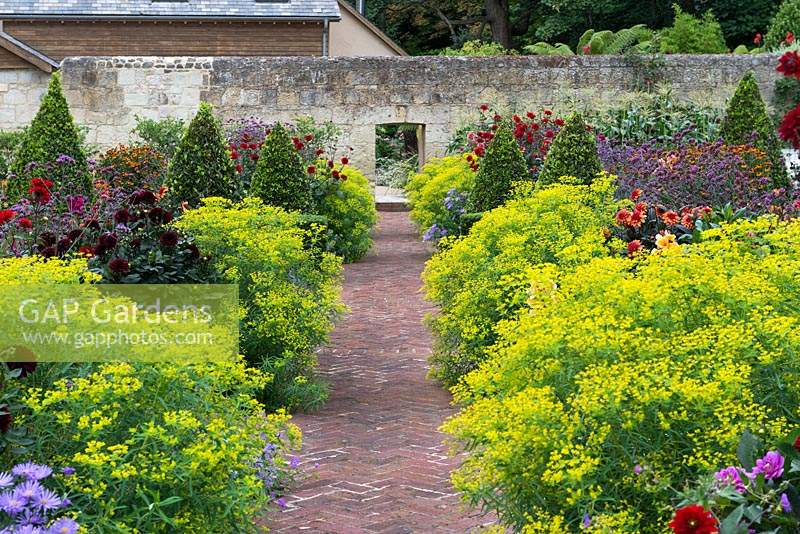 A brick pathway is edged with clumps of Euphorbia ceratocarpa, interspersed with dahlias, asters and clipped bay trees.