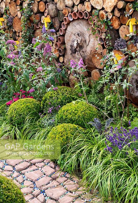 Topiary balls surrounded by ornamental grasses, backed by beech log wall. The Very Hungry Caterpillar Garden, RHS Tatton Park Flower Show, 2019.
