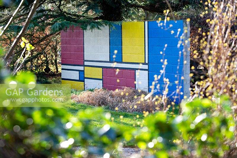 The Mondrian inspired wall at Stevington Manor Gardens, Stevington, UK.