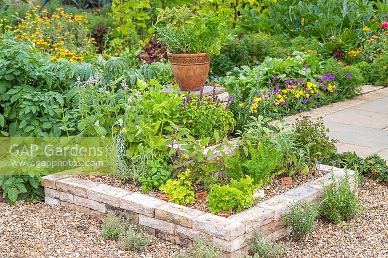Finished tiered brick herb garden. 