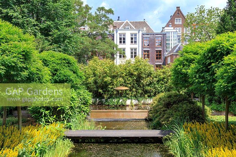A water garden with a broadwalk spanning its width. Amsterdam, The Netherlands.

