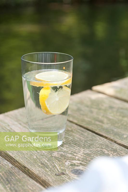 A glass of lemon water on a wooden terrace next to a creek.