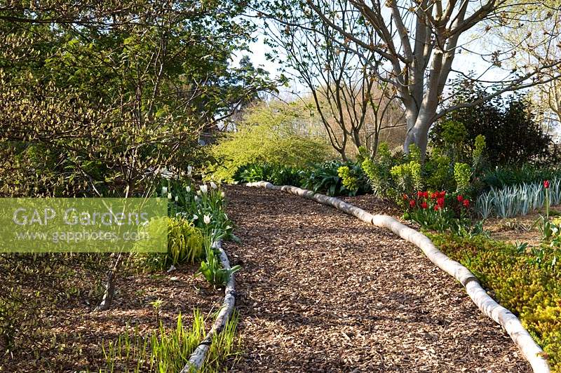 Long winding bark path by spring interest borders. 
