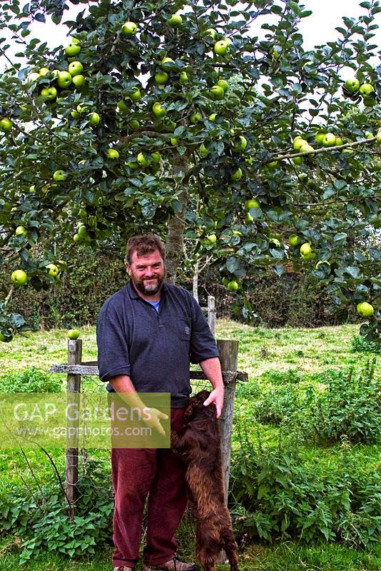 Kevin Croucher by apple tree - Proprietor of Thornhayes Nursery, Devon, UK.