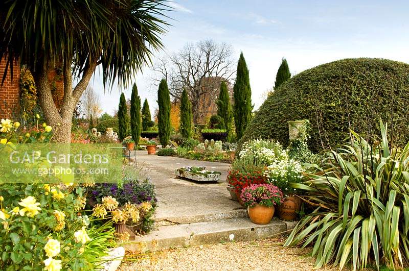 Terrace, with conifers and mixed planting at Chippenham Park, Cambrideshire, UK.   