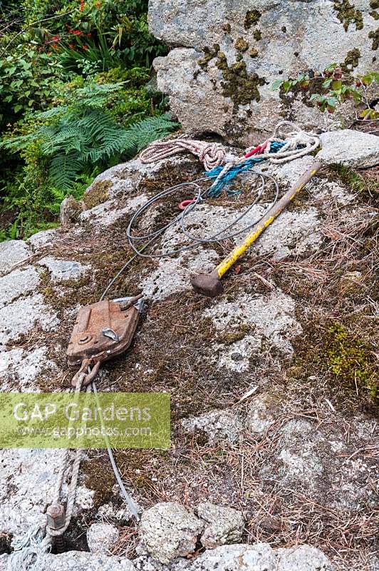 Winches and pulleys used for moving material up and down the steep garden. 