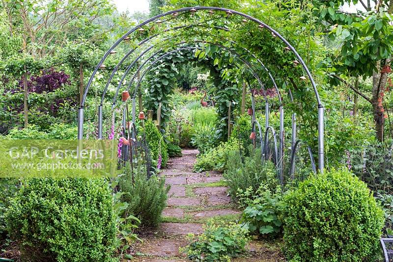A central pathway runs through a vegetable garden, beneath an arch trained with roses and runner beans.