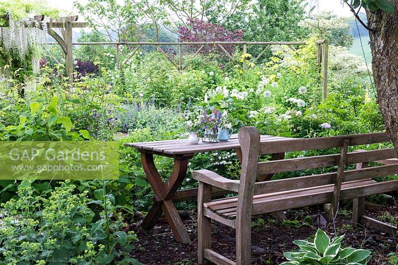 A bench and table, set in the shade of an old apple tree, overlook a white-themed garden.