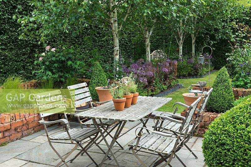 A small paved courtyard with dining table and chairs, is hidden away behind a tall hornbeam hedge and silver birches, Betula utilis var. jacquemontii.