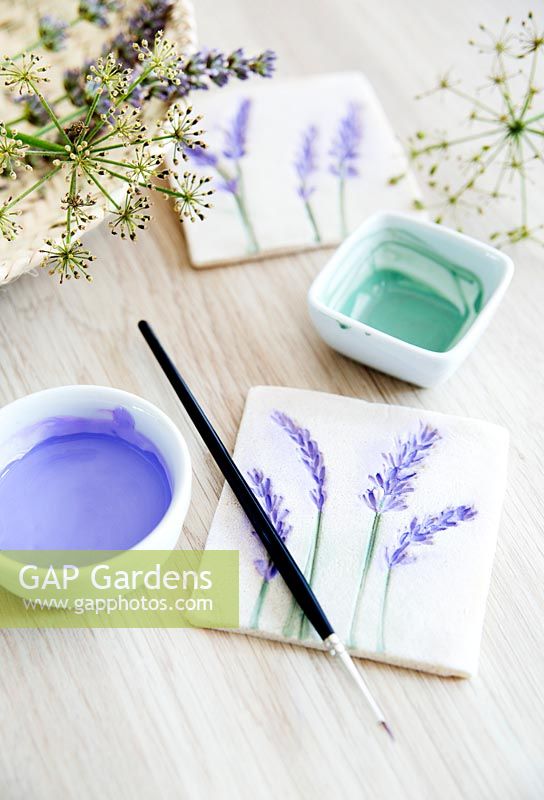 Salt dough tiles with paint to fill the lavender flower impressions 
