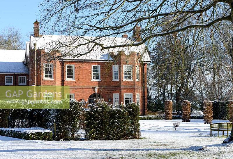 Period red brick house with Carpinus betulus - Hornbeam pillars, Taxus baccata - yew hedge, branches of Fagus sylvatica f. purpurea - large copper beech. Snow in January.