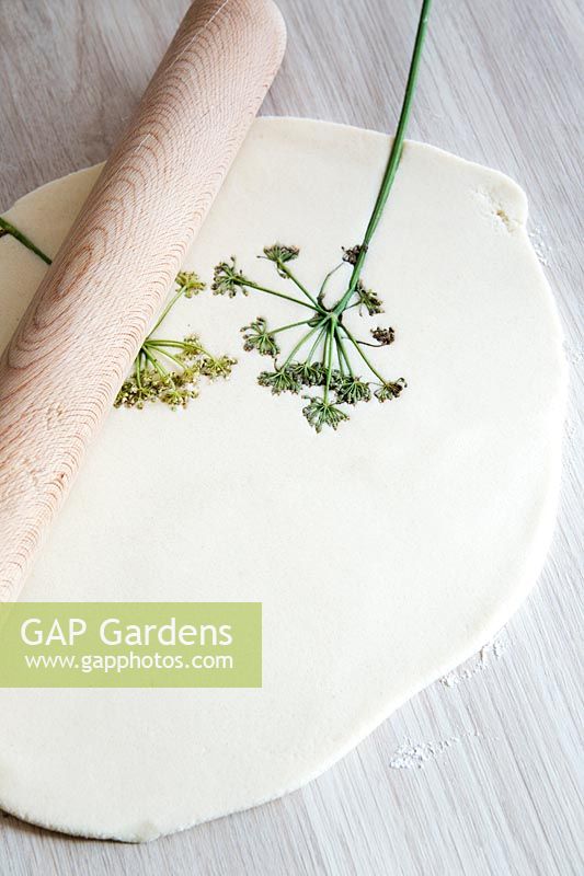 Flower stems pressed into salt dough using a rolling pin