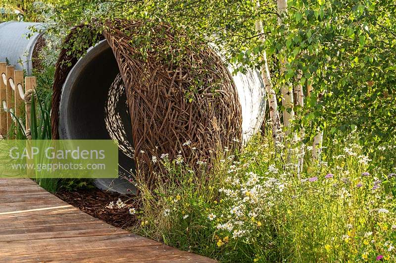 Naturalistic planting with Leucanthemum vulgare - Ox-eye daisies and Betula pendula - Silver Birch - and a woven willow arch covering a large water pipe. RHS Hampton Court Palace Garden Festival 2019. Sponsor: Thames Water.