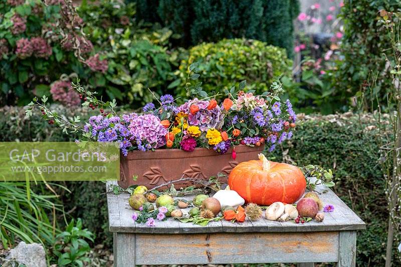 Autumn table in a garden.