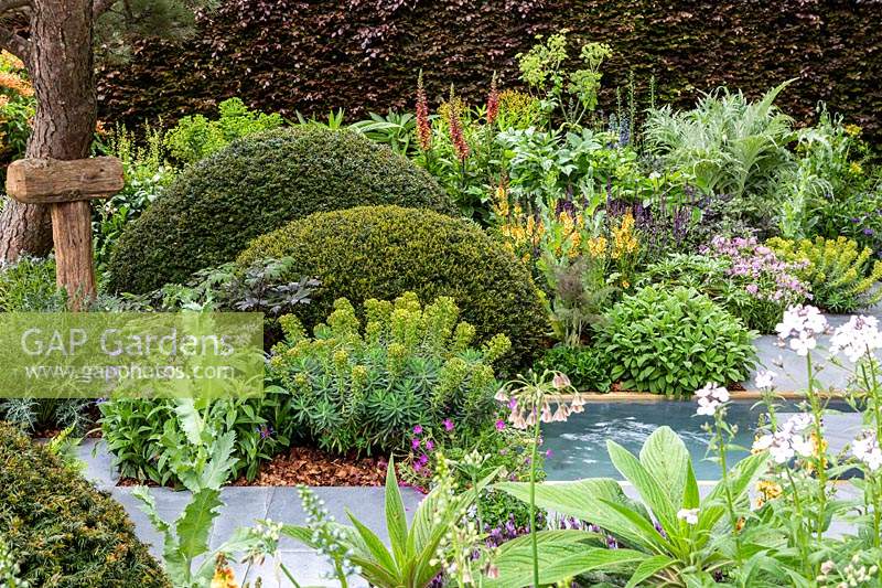 Peaceful pool area with porcelain stepping stones and colourful planting in the Morgan Stanley Garden at RHS Chelsea Flower Show 2019
