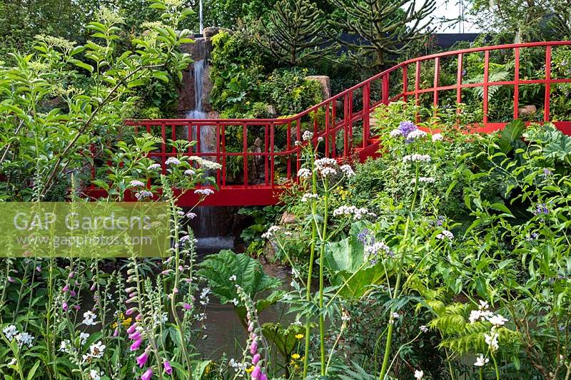 The RHS Chelsea Flower Show 2019. The Trailfinders 'Undiscovered Latin America' Garden. Red painted bridge and waterfall in soft informal garden.